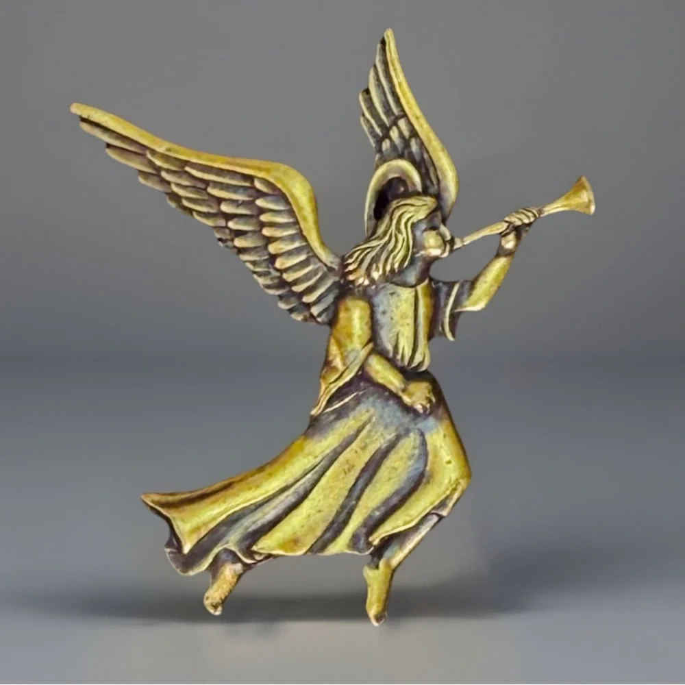 Vintage Brasstone Angel wings Horn Holiday Brooch Pin
